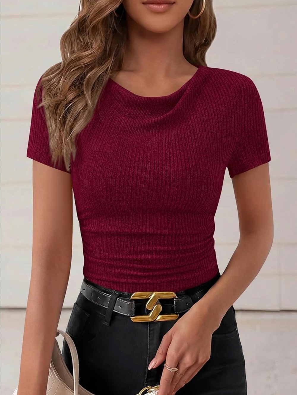 Ribbed Cowl Neck Short Sleeve Top in Deep Red